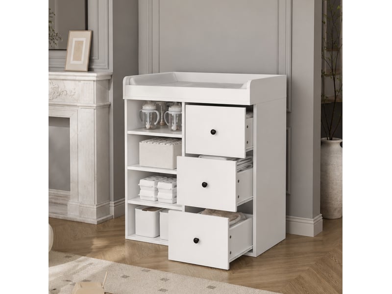  Commode à langer bébé 2-en-1 82x50x100 cm, rangements, barrière amovible, mdf blanc et noir  - Conforama B