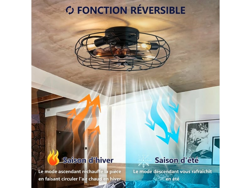  Ventilateur de plafond avec lumière noir style industriel, moteur réversible 6 vitesses silencieux avec télécommande pour petite pièce  - Conforama E