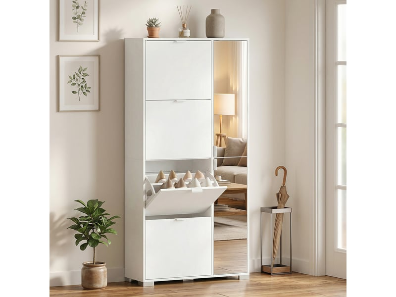  Meuble à chaussures 16 paires armoire à chaussures 4 tiroirs rabattables 2 portes en miroir étagères réglables blanc  - Conforama B