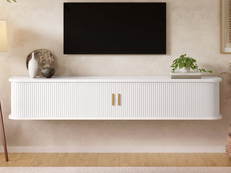  Meuble tv mural 175 x 30 x 30 cm, design à cannelures verticales, éclairage led en partie basse, structure en mdf, blanc  - Conforama B