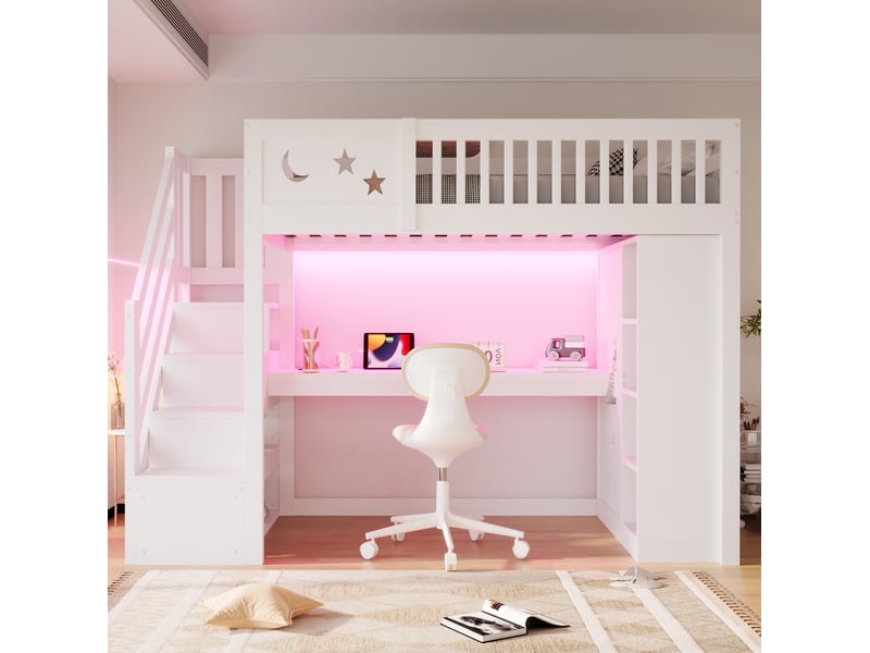  Lit mezzanine 90x200 cm avec bureau, rangements, led et prises, blanc, sans matelas  - Conforama B