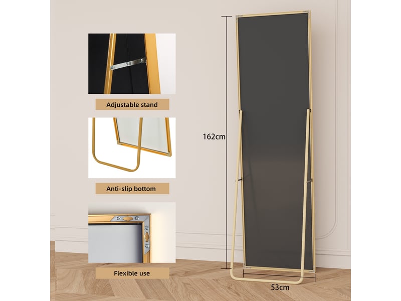  Miroir sur pied 162x53cm doré - miroir mural pleine longueur - cadre en alliage d'aluminium - verre trempé hd anti-explosion  - Conforama E