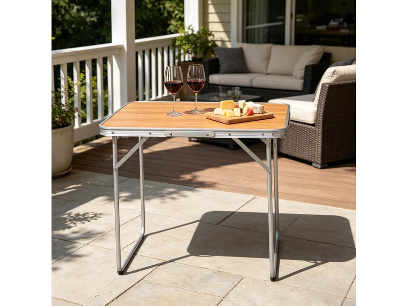  Table de camping pliante ulevr, portable avec poignée, 70 x 50 x 60 cm, plateau en mdf coloris chêne  - Conforama D