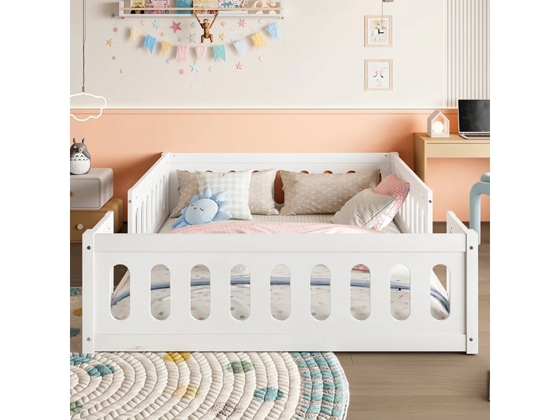  Lit plateforme bois 140x200 lit enfant avec barrière blanc  - Conforama D
