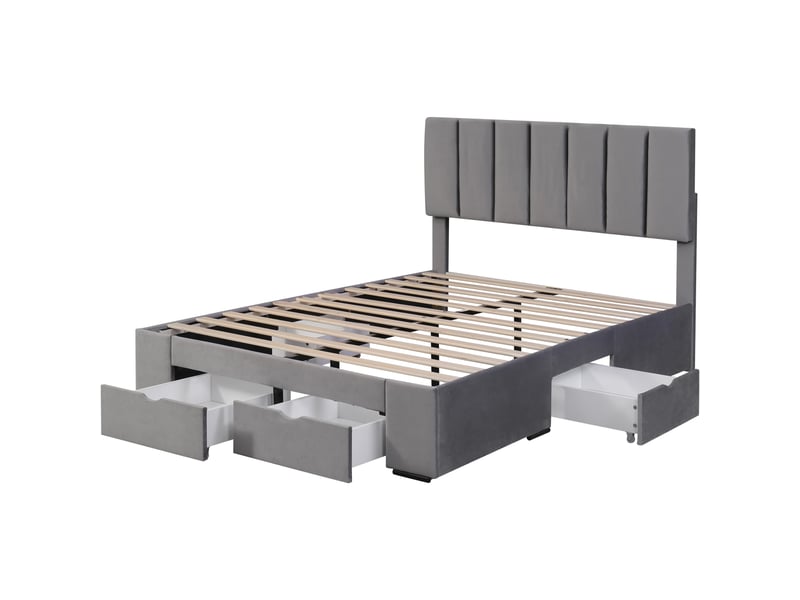  Lit double capitonné 140x200 cm velours gris - tête rembourrée et 4 tiroirs de rangement  - Conforama E
