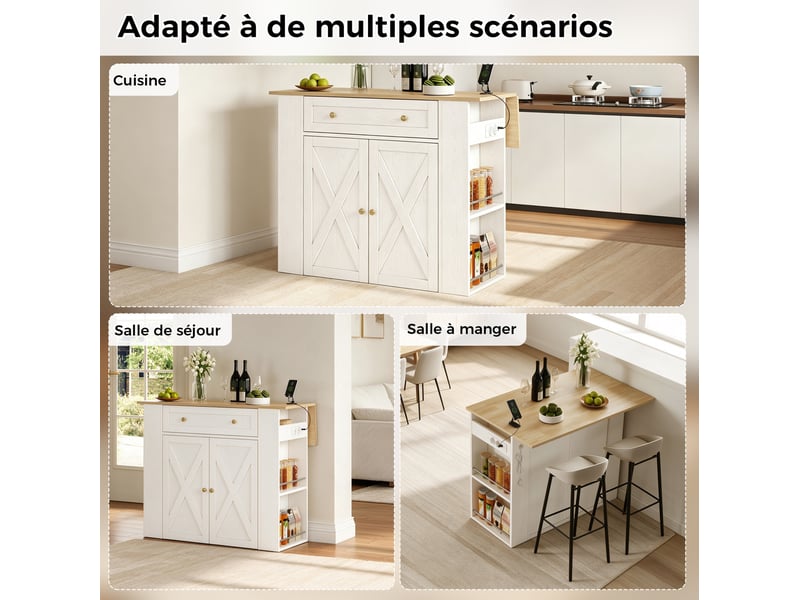 Îlot de cuisine rangement 120x75x97 cm, plateau rabattable, 2 portes, tiroir, prises usb, mdf et panneau de particules, blanc - Conforama D