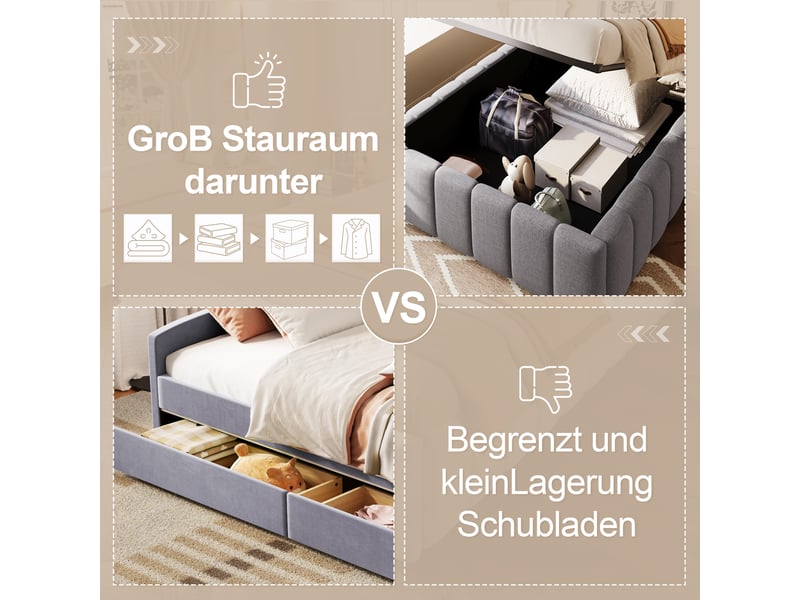  Sommier coffre enfant 90x200 cm avec rangement, mdf et lin, gris  - Conforama R