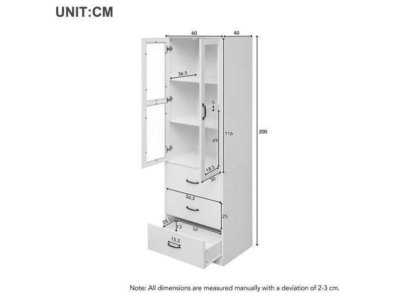  Vitrine 60x40x200 cm avec led, 3 tiroirs et portes en verre blanc  - Conforama C