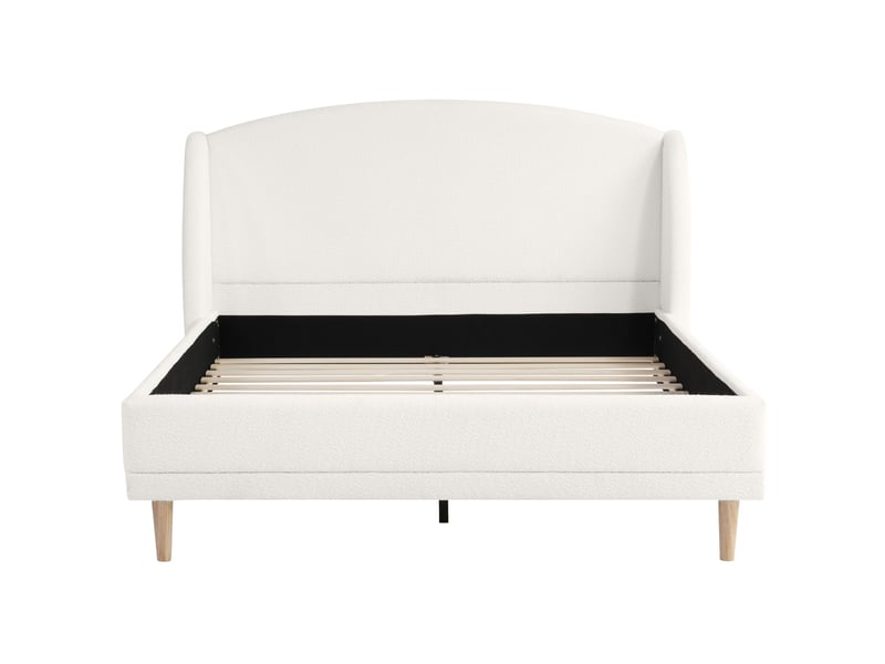  Lit 2 places 140x190 cm en tissu bouclé blanc ivoire avec tête de lit à oreilles  - Conforama E