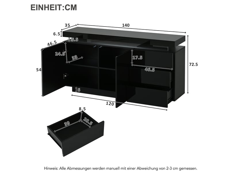  Buffet moderne avec led - finition brillante - lumières led intégrées - dimensions 140x35x72.5 cm - 2 portes, 3 tiroirs  - Conforama W