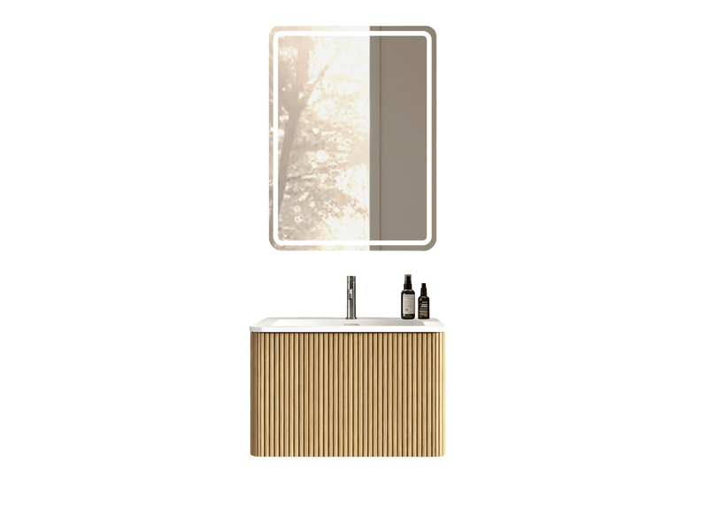  Meuble sous vasque suspendu avec 1 tiroir et miroir led antibuée réglable pour salle de bain, effet chêne clair  - Conforama A