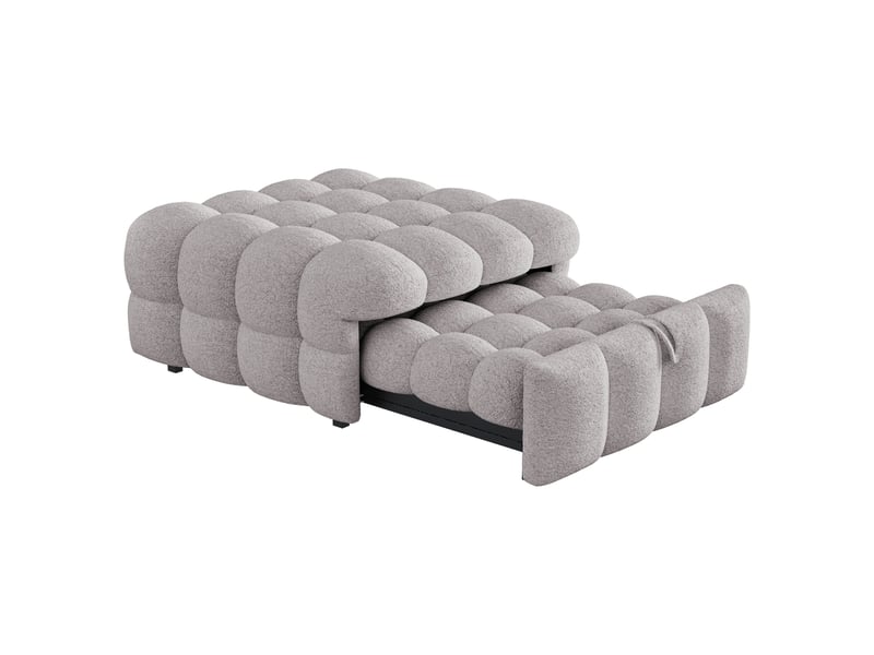  Canapé-lit capitonné 2-en-1, pouf intégré, lit d'appoint extensible, tissu bouclé gris, design moderne.  - Conforama A