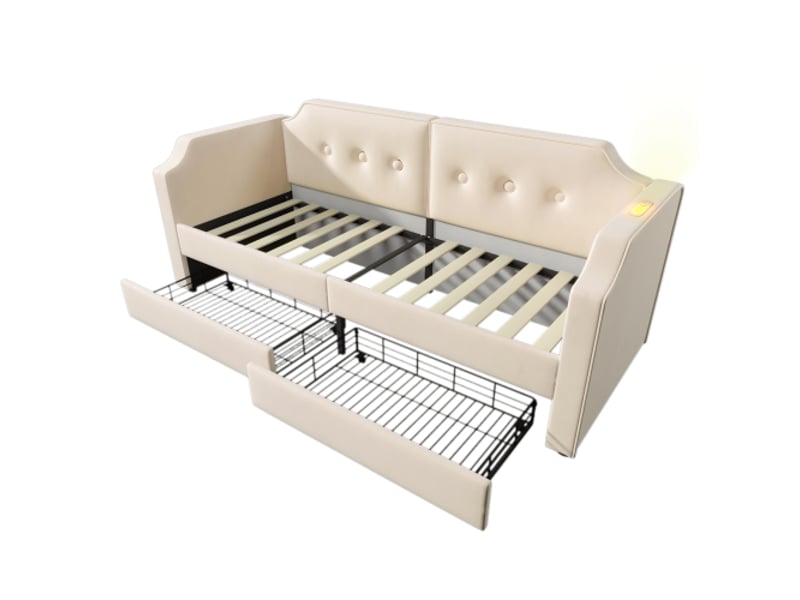  Lit enfant 90x200 cm, lit simple avec 2 tiroirs, cadre de lit avec sommier à lattes en bois et tête de lit, en lin, beige, sans matelas  - Conforama E