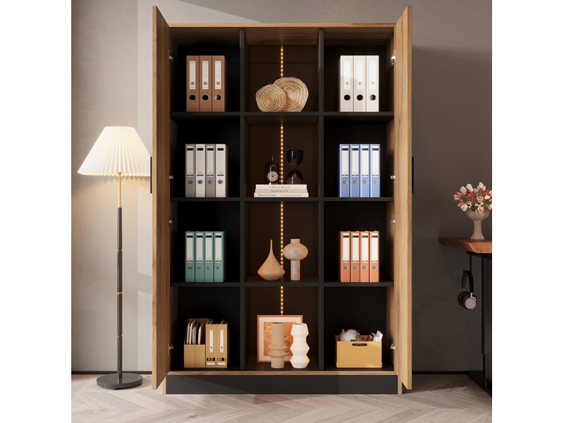 Vitrine 95x35x160 cm avec led, 2 portes, décor chêne et noir - Conforama B
