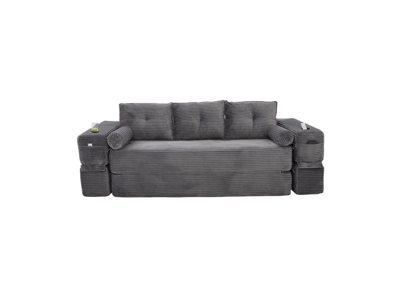  Canapé-lit convertible 3 places 232x98x80 cm avec 2 coussins décoratifs, poches et porte-gobelets, velours côtelé, gris  - Conforama A