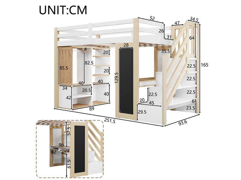  Lit mezzanine 90 x 200 cm, lit enfant surélevé, placard intégré, bureau intégré, étagères ouvertes, éclairage led, échelle, bois massif, blanc Morn Vibe - Conforama C
