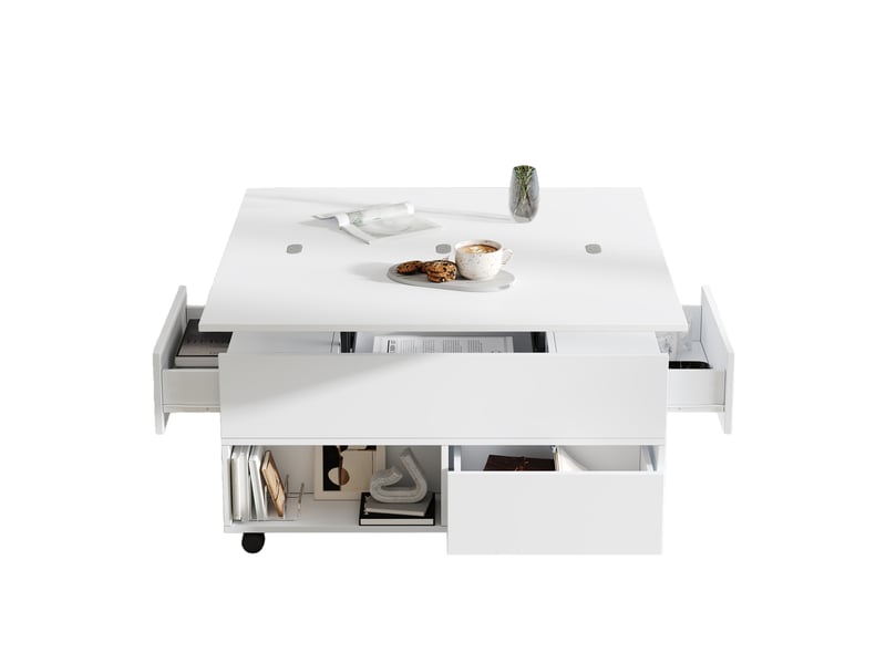  Table basse relevable hydraulique 100x50x52 cm avec 4 tiroirs et roulettes en panneaux de particules blancs  - Conforama A