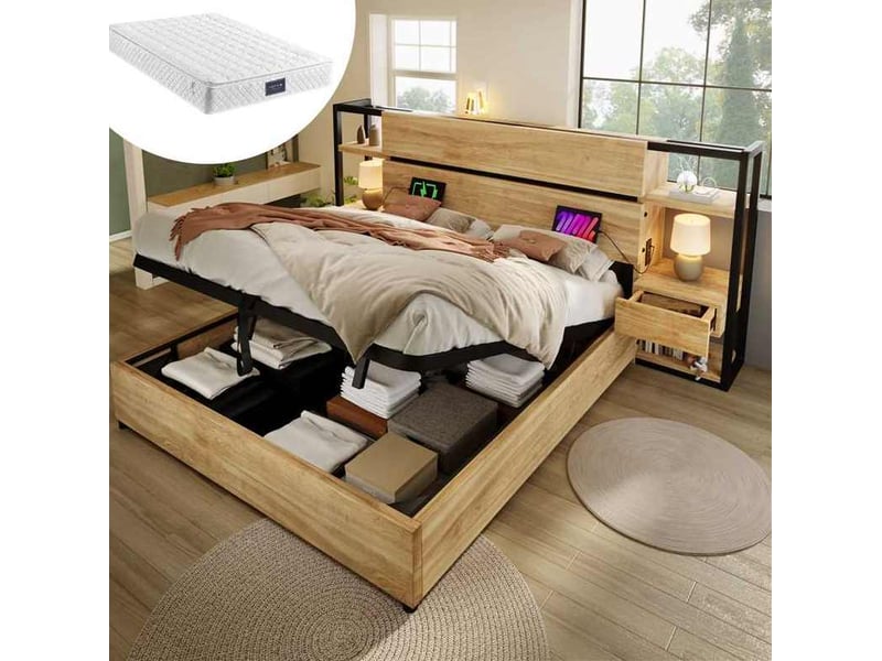 Lit coffre double 160 × 200 cm 2 places avec 2 tiroirs, usb, type-c et matelas inclus, en mdf et métal chêne  - Conforama B