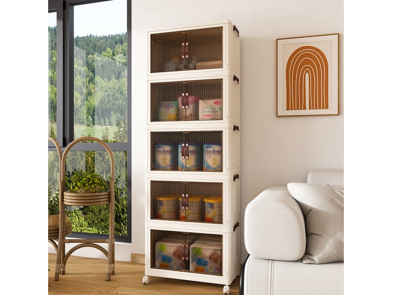  Armoire de rangement pliable 53x30x156 cm avec 5 niveaux portes magnétiques, 4 roulettes pivotantes, couleur blanche  - Conforama E