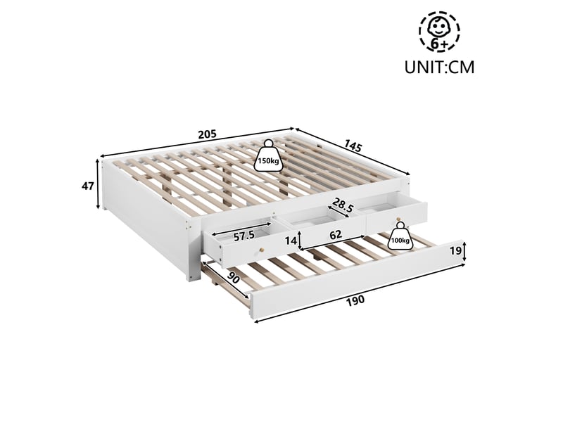  Lit banquette 140x200 cm tiroirs de rangement lit gigogne bois et mdf gain de place rangement fonctionnel blanc OPULERANE TRADING LTD - Conforama D