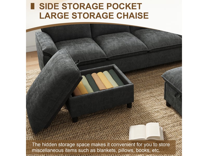  Canapé d'angle modulable en u noir en chenille, canapé 4 places avec 2 poufs de rangement, assise profonde pour salon, 264x142x84cm  - Conforama D