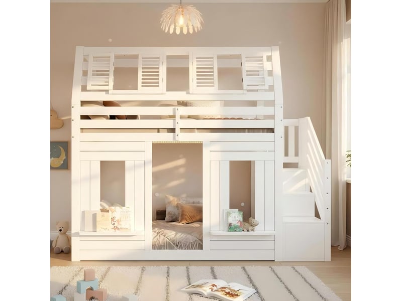  Lit mezzanine enfant 90x200 cm avec led et escalier de rangement, blanc  - Conforama B
