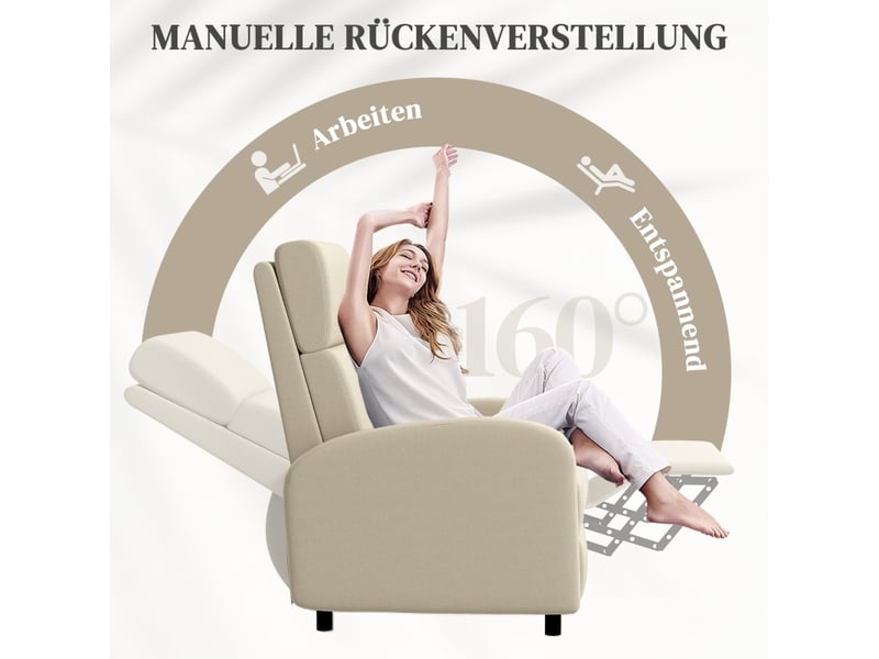  Fauteuil relax inclinable beige, siège tv rembourré avec repose-pieds, dossier réglable pour salon et bureau  - Conforama D