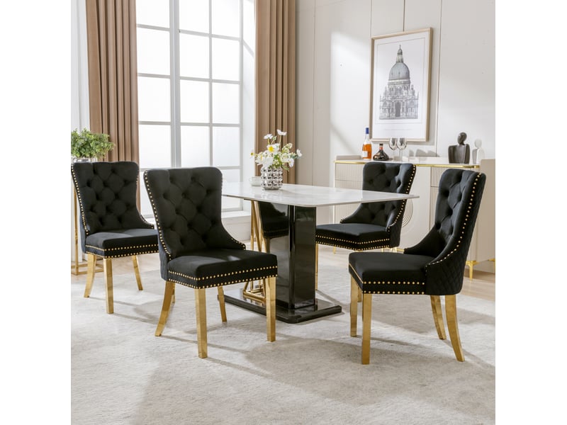  Lot de 4 chaises 50,5x45x95cm avec design unique de poignée de porte, design à clous, pieds en métal, velours, noir  - Conforama C