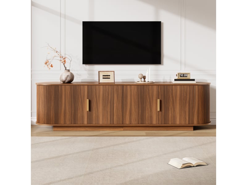 Meuble tv noyer 180 cm, banc tv 4 portes avec façades ondulées 3d et bords arrondis, design moderne et élégant pour salon, charge 70kg. - Conforama W