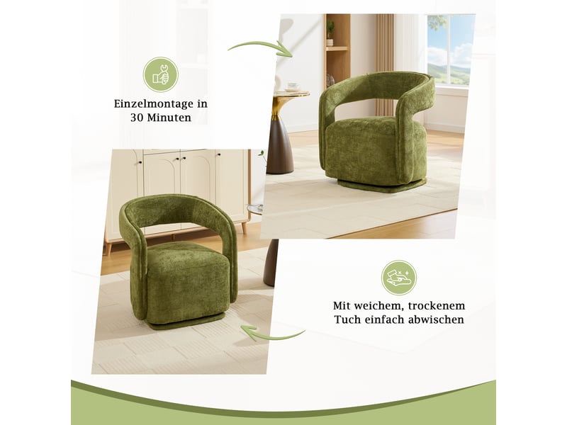  Fauteuil pivotant 360°,70x65,5x74 cm,design barrel,chenille,vert  - Conforama E