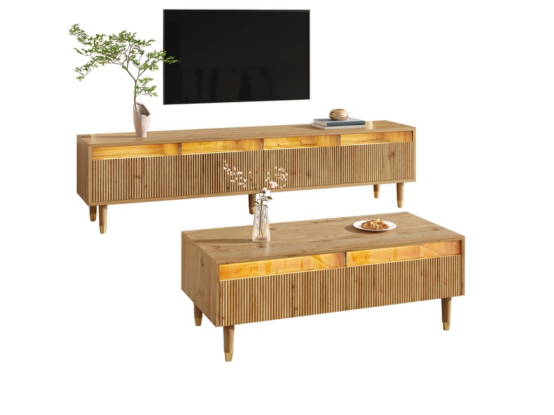 Ensemble de 2 meubles de salon avec meuble tv 4 portes et table basse 2 tiroirs, led, mdf, bois naturel  - Conforama A