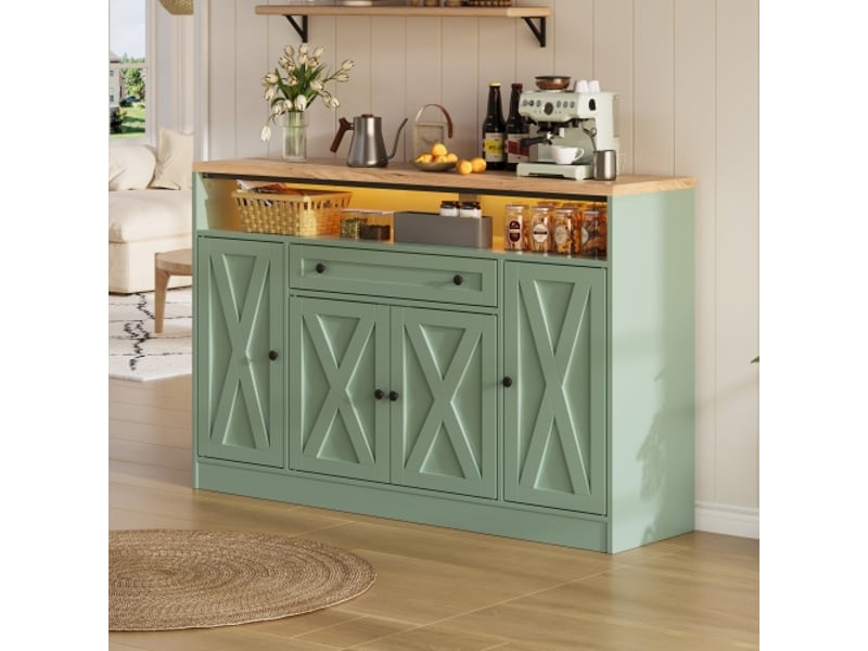 Buffet bas 140x35x95 cm avec éclairage led rgb, tiroir et 4 portes en mdf, couleur vert, design moderne - Conforama D