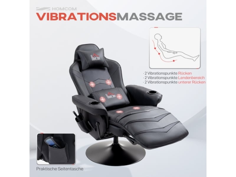  Fauteuil gamer noir, fonction massage, dossier inclinable, repose-pieds, cadre acier, similicuir, 120 kg  - Conforama B