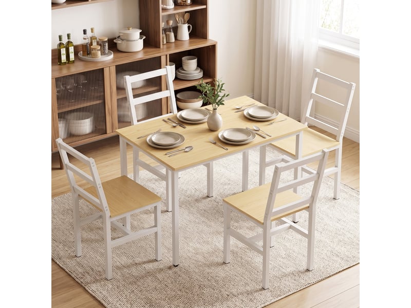  Ensemble table salle à manger avec 4 chaises, table rectangulaire 108 cm, chaises à dossier à lattes, chêne et blanc  - Conforama C
