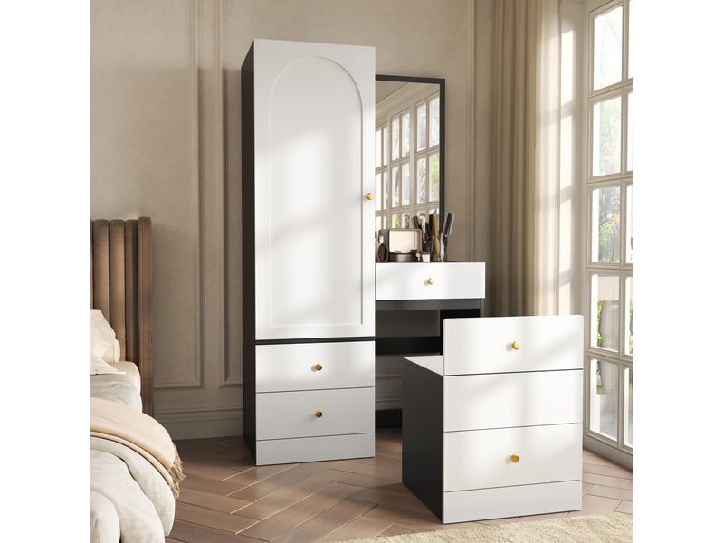  Armoire coiffeuse multifonction avec miroir pleine longueur, penderie et tabouret escamotable, noir et blanc  - Conforama C