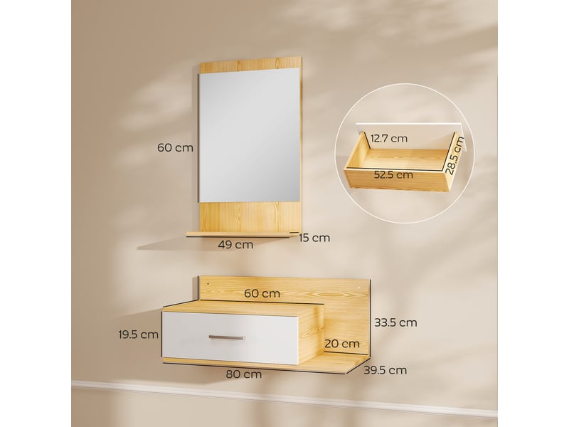  Ensemble pour hall d'entrée comprenant un miroir, une étagère et un meuble mural avec tiroir et deux étagères ouvertes, en bois et verre.  - Conforama E