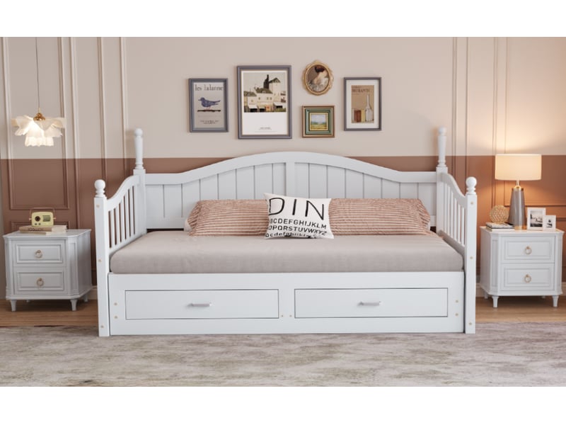  Lit gigogne 2 places 90180x190 cm, canapé-lit convertible en bois massif avec tiroirs et sommier, lit double en pin, blanc  - Conforama R