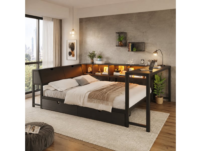  Lit combiné double 140×200 cm avec tête de lit ouvrante, 2 tiroirs, led et bureau - okmyhome- noir, sans matelas  - Conforama C