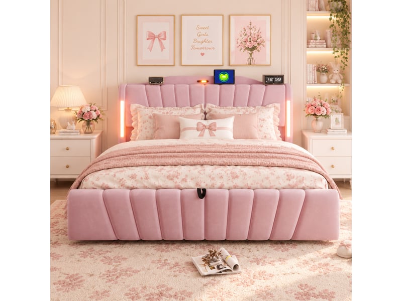  Lit coffre 180x200cm avec rangement hydraulique, tête de lit led connectée, ports usb et type-c, veilleuse et pied de lit surélevé, velours, rose evarich - Conforama E