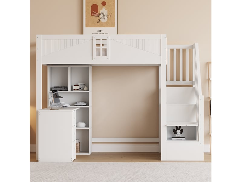Lit mezzanine, 90x200 cm, échelles latérales interchangeables, tiroirs, bureau, matelas non inclus, bois, coloris blanc - Conforama E
