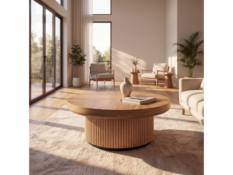  Table basse ronde 78 cm plateau parquet en bois base rainurée bois naturel  - Conforama E