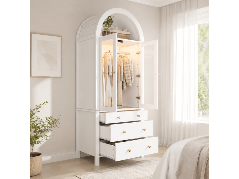  Armoire blanche avec led et portes en verre 80x50x200 cm rangement bijoux  - Conforama E