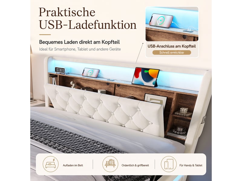  Lit coffre double 180×200 cm avec led, usb, type-c et étagères - okmyhome- tête capitonnée, beige, sans matelas  - Conforama E