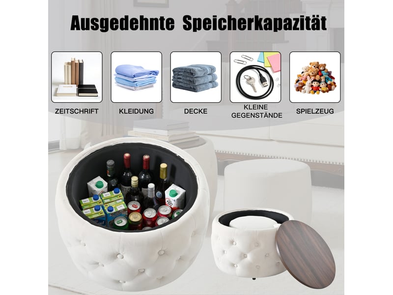  Lot de 2 poufs ronds gigognes 60x38 cm + 37x32 cm, rangement intégré, plateau amovible, sans montage, velours et bois, beige  - Conforama D