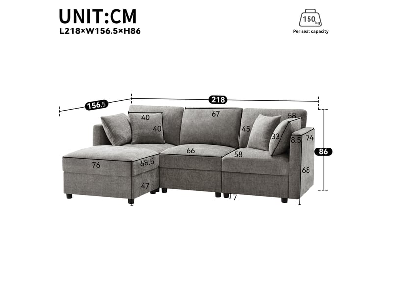 Canapé d'angle modenvie 3 à 4 places en chenille gris avec pouf mobile et accoudoirs réglables 218 x 156,5 x 86 cm - Conforama C