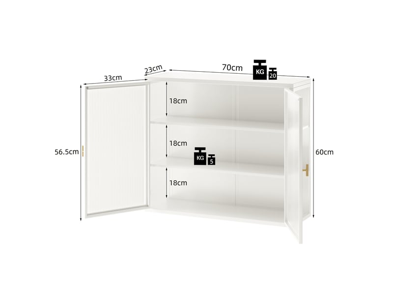  Armoire murale tcqpz 70 x 23 x 60 cm à 2 portes en verre trempé, 3 niveaux de rangement, métal blanc  - Conforama C
