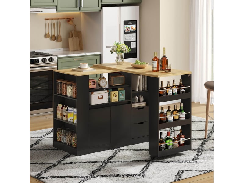  Îlot de cuisine 115x50x92 cm noir et naturel avec plateau pivotant extensible  - Conforama E