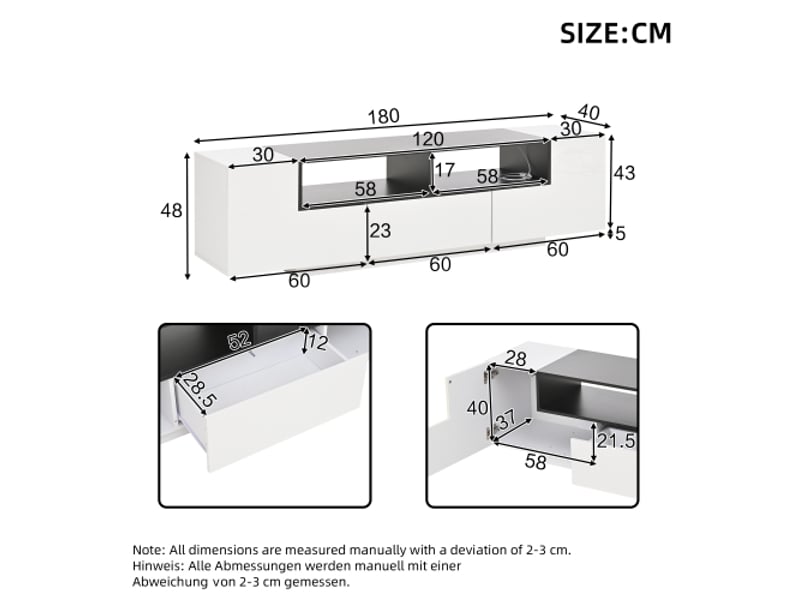  Meuble tv en l 180x40x48 cm — blanc et noir laqué brillant, led intégrée, tiroirs, compatible tv jusqu'à 75 pouces  - Conforama C