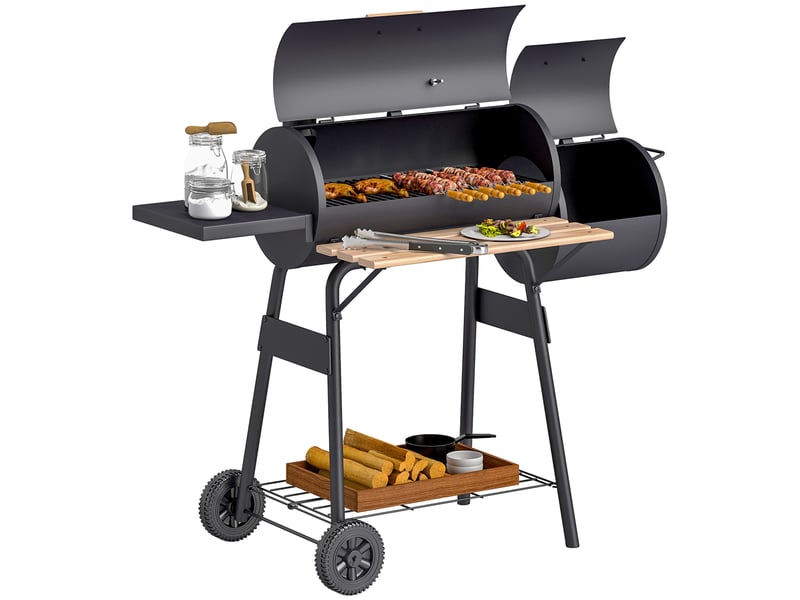  Barbecue au charbon avec couvercle et fonction fumoir, pour jardin, avec tablettes et roues, 124x53x104 cm, noir  - Conforama A
