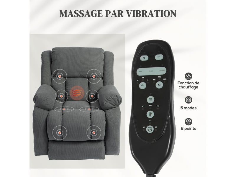  Fauteuil releveur électrique massant chauffant tissu effet velours 93x104x100 cm  - Conforama E